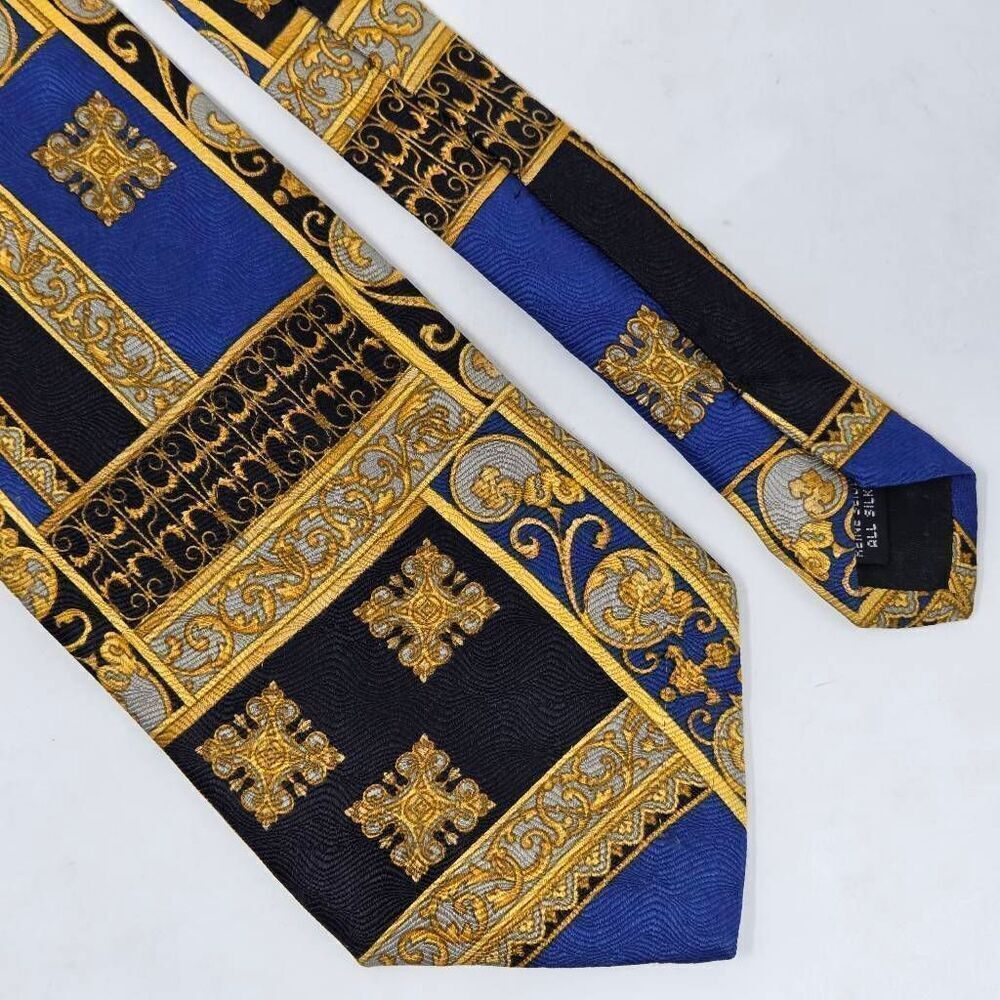 FRATELLI MODA ITALY HANDMADE SILK TIE GOLD BLUE BLACK BAROQUE LUXURY 4" X 60"